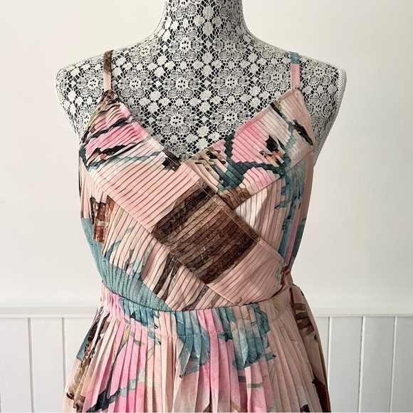 Pastel Chiffon Lace Patchwork Pleated Wrap Dress Size L - Picture 2 of 15